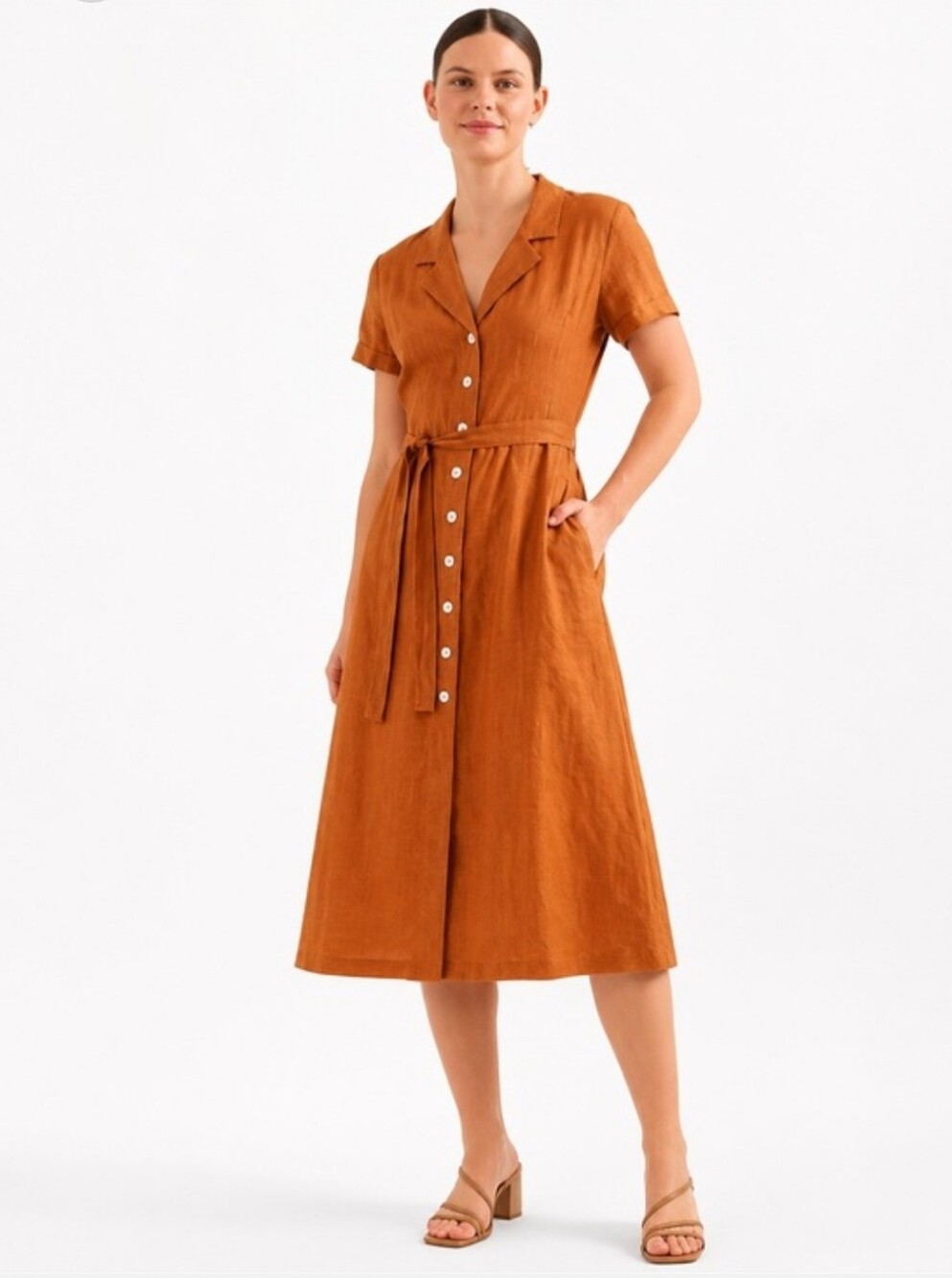 Quince 100% Linen Button-Front Belted Midi Shirt Dress in Rust